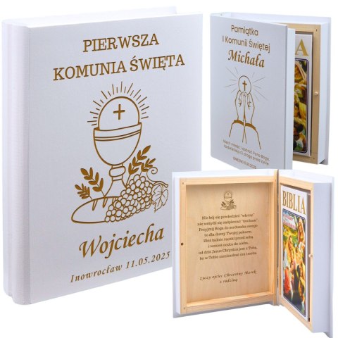 BIBLIA W DREWNIANYM PUDEŁKU PERSONALIZOWANYM NA KOMUNIĘ - GRAWER LASER BIBLIA W DREWNIANYM PUDEŁKU PERSONALIZOWANYM NA KOMUNIĘ - GRAWER LASER