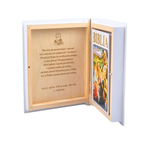 BIBLIA W DREWNIANYM PUDEŁKU PERSONALIZOWANYM NA KOMUNIĘ - GRAWER LASER BIBLIA W DREWNIANYM PUDEŁKU PERSONALIZOWANYM NA KOMUNIĘ - GRAWER LASER